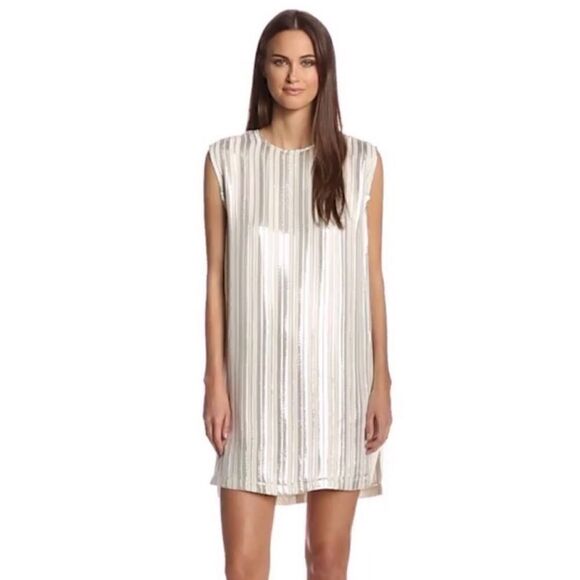 Rebecca Minkoff • Lars Silk Sleeveless Metallic Stripe Shift Dress Size S - Picture 3 of 9